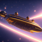 Golden airship flying through starry sky with planet and moon.