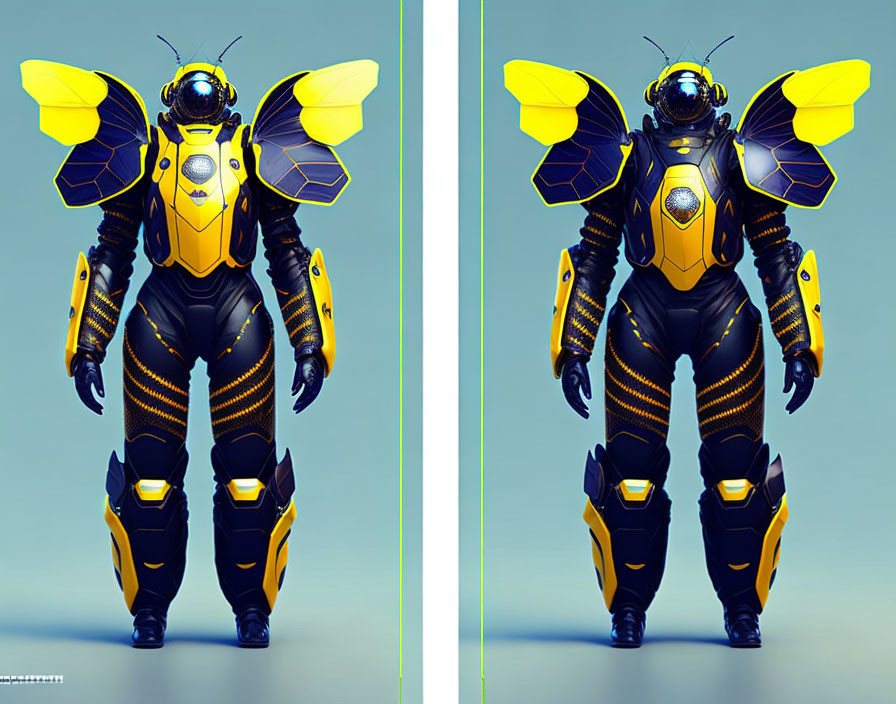 Futuristic bee-themed armored suit with yellow and black segments