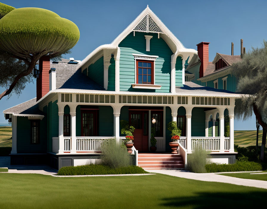 Victorian-style House with Teal Exterior and White Trims