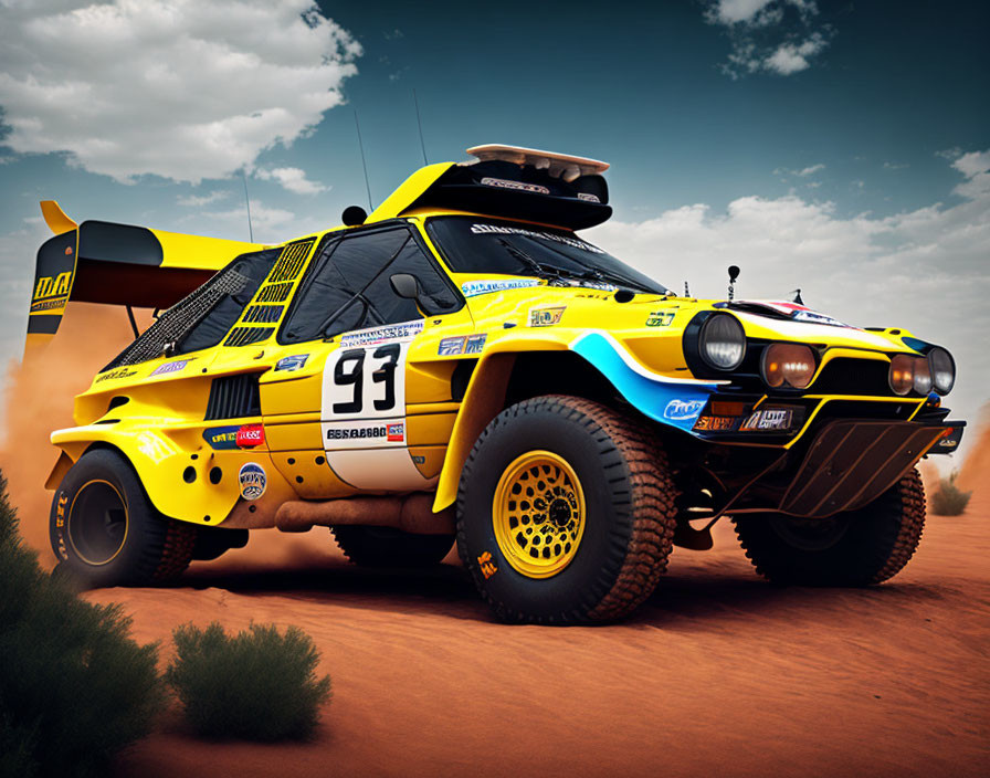 Yellow Rally Car with Large Tires on Desert Dirt Track