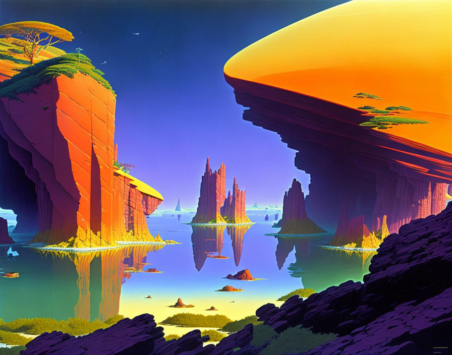 Sci-fi landscape with rock formations, water, & celestial body.
