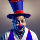 Solemn-faced person in clown makeup with tall blue and red hat against blurred background