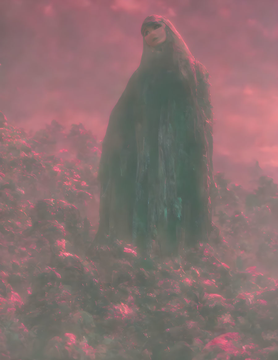 Ethereal spectral figure in dreamy pink-hued landscape