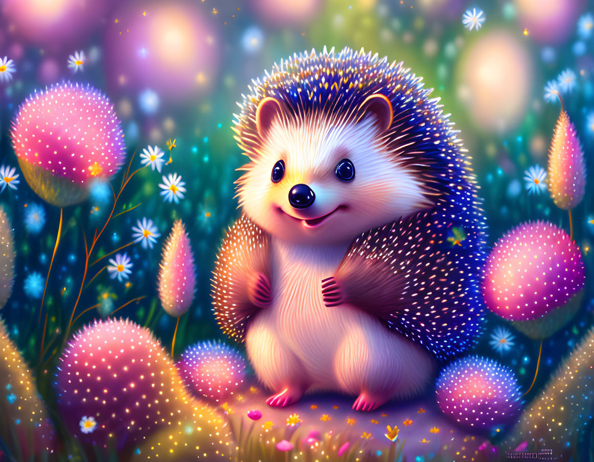 Colorful Smiling Hedgehog in Flower Field Illustration
