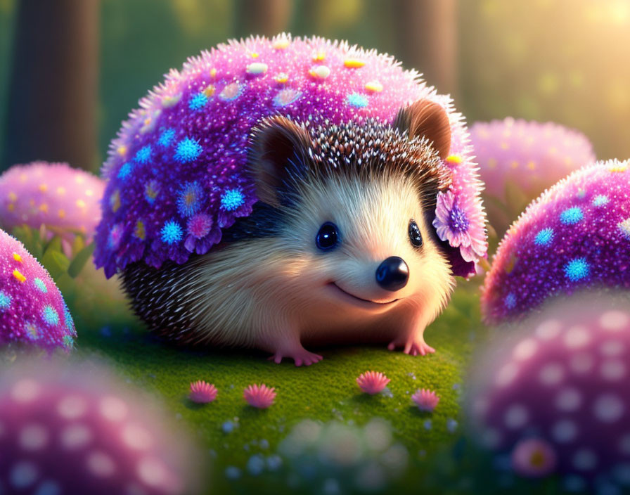 Colorful Flower-Backed Smiling Cartoon Hedgehog in Lush Green Setting