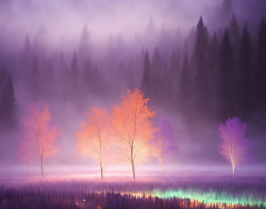 Enchanting Forest Scene: Glowing Trees in Purple Haze