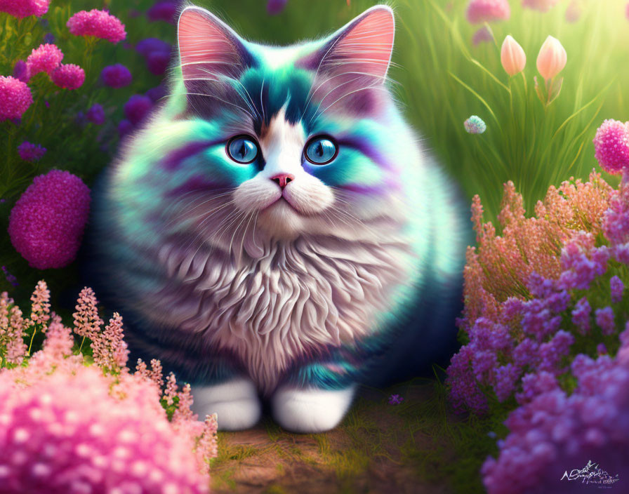 Colorful Digital Artwork: Whimsical Cat with Blue Eyes in Vibrant Flower Garden