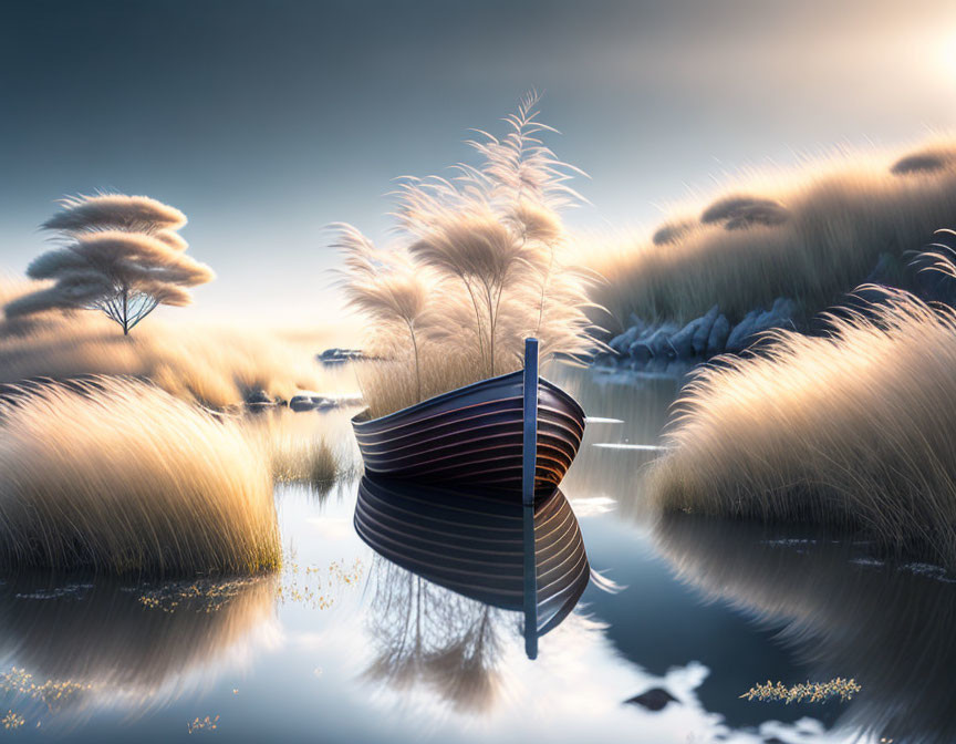Tranquil wooden boat in calm waters among tall grass