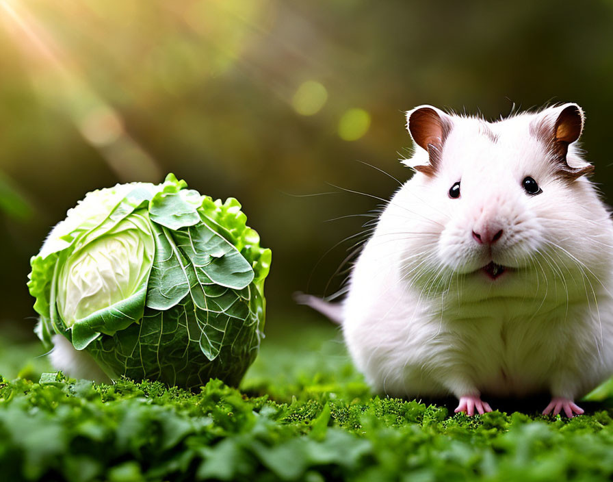 Guinea Pig with Cabbage on Green Leaves in Sunlight