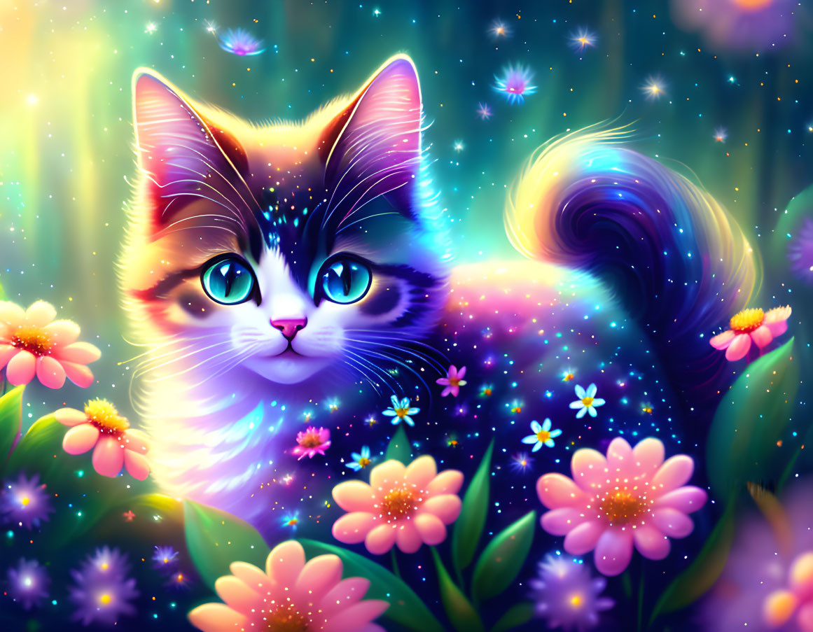 Whimsical cat illustration with blue eyes and glowing flowers