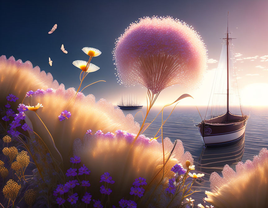 Tranquil scene: giant dandelion, sailboat, colorful flowers, sunset sky
