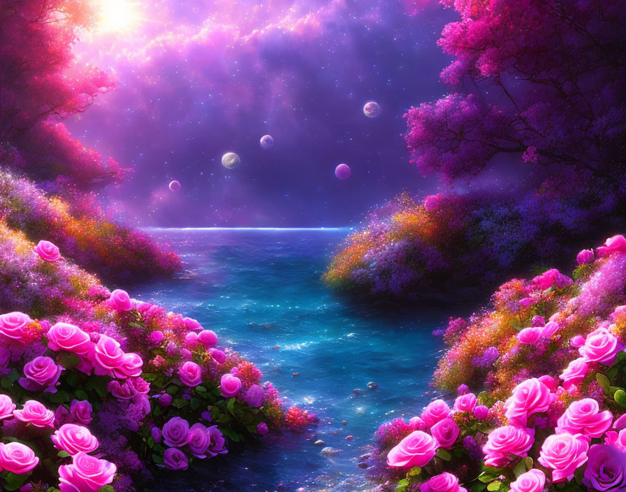 Fantastical river with pink rose bushes under purple starry sky