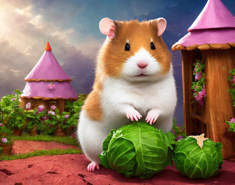 Fluffy hamster with cabbage in front of fairy tale towers