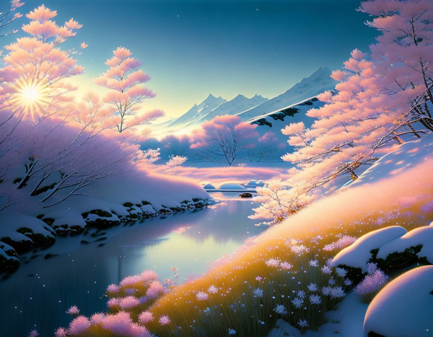 Scenic winter landscape with cherry blossoms, river, bridge, mountains at sunrise
