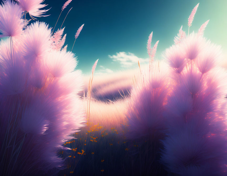 Tranquil pink plants in dreamlike field under blue sky