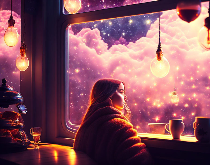 Woman in cozy sweater admires magical starry sky through window