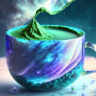Cosmic-themed coffee cup with galaxy design and liquid splash on starry background