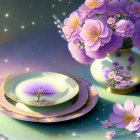 Colorful digital artwork featuring purple flowers in a white vase and decorative plate on reflective surface