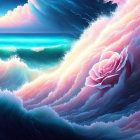 Vibrant surreal clouds with roses and starry sky in pink and blue