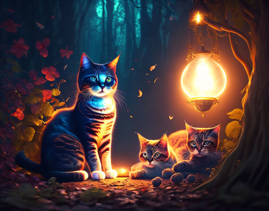 Mystical forest scene with three cats and glowing lantern