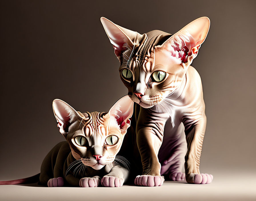 Prominent-eared Sphynx cats with wrinkles on beige background