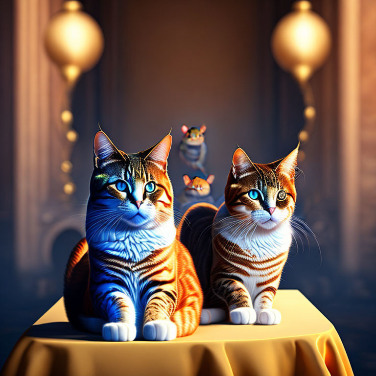 Vividly colored tabby cats with blue eyes on draped table, butterfly and spheres in background