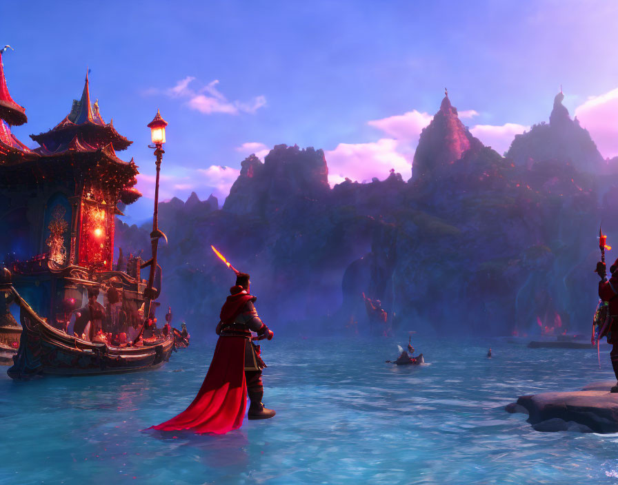 Fantasy landscape at dusk with warrior in red, traditional architecture, and purple sky