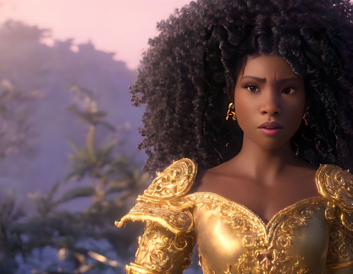 Voluminous curly hair 3D character in golden dress with intense gaze
