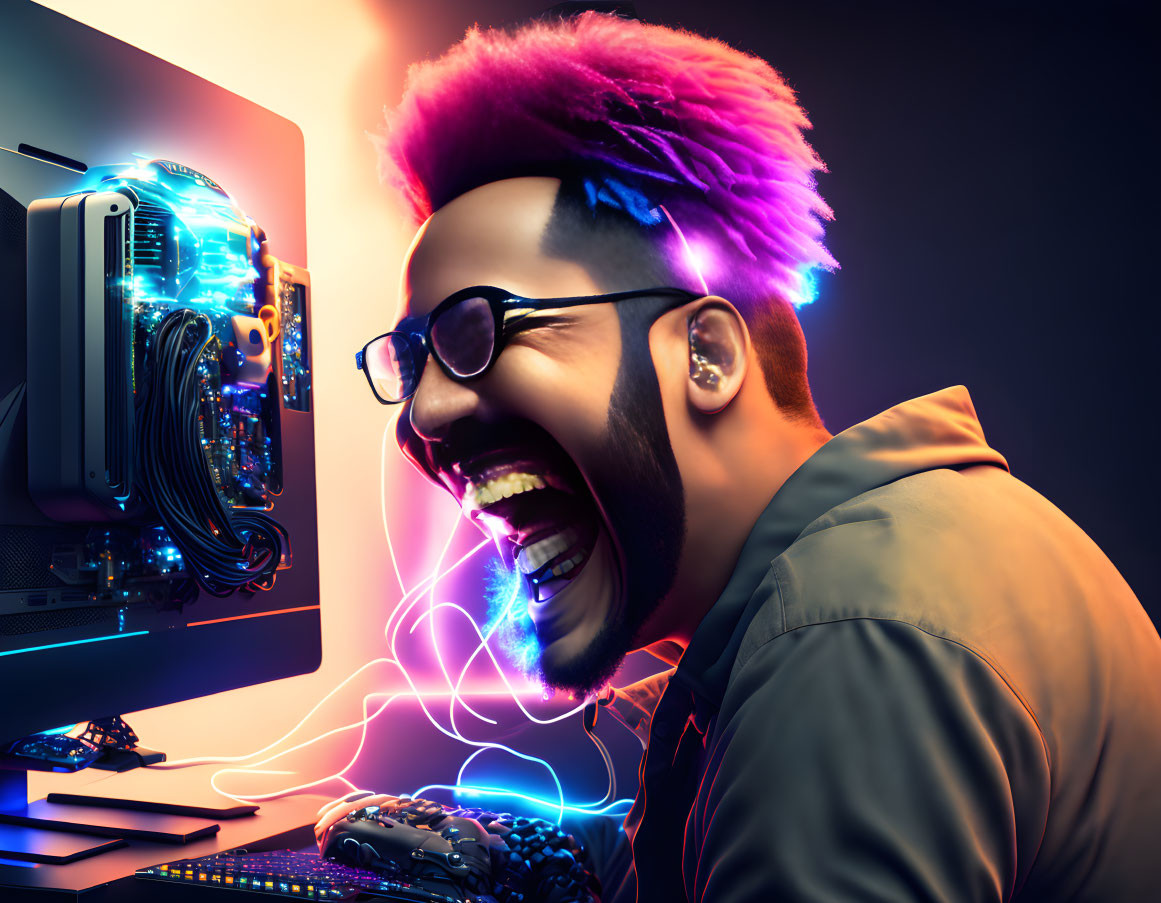 Colorful-haired man gaming at PC with neon lights