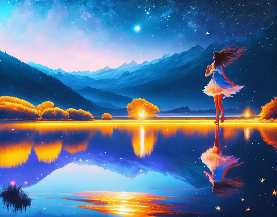 Girl in White Dress by Reflective Lake at Twilight with Stars and Vibrant Trees