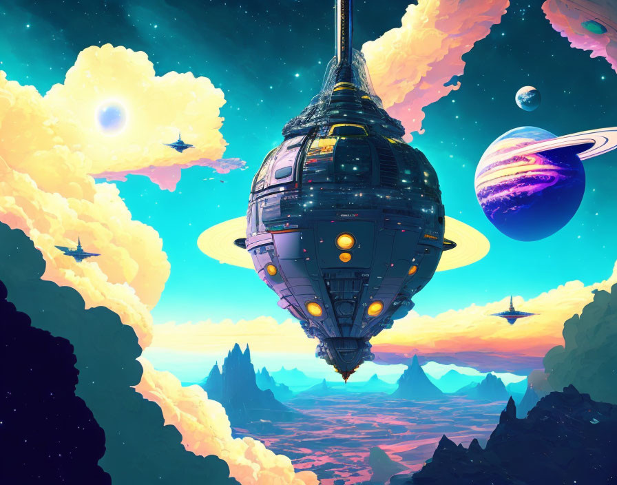 Detailed Spaceship Hovering Above Alien Landscape with Colorful Sky