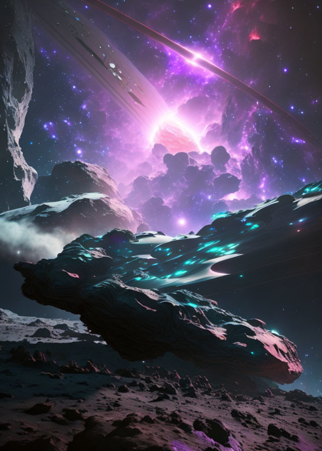 Alien Landscape with Purple Nebula and Celestial Bodies