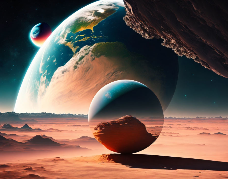 Multiple planets in surreal space scene with rocky landscape and orange sky