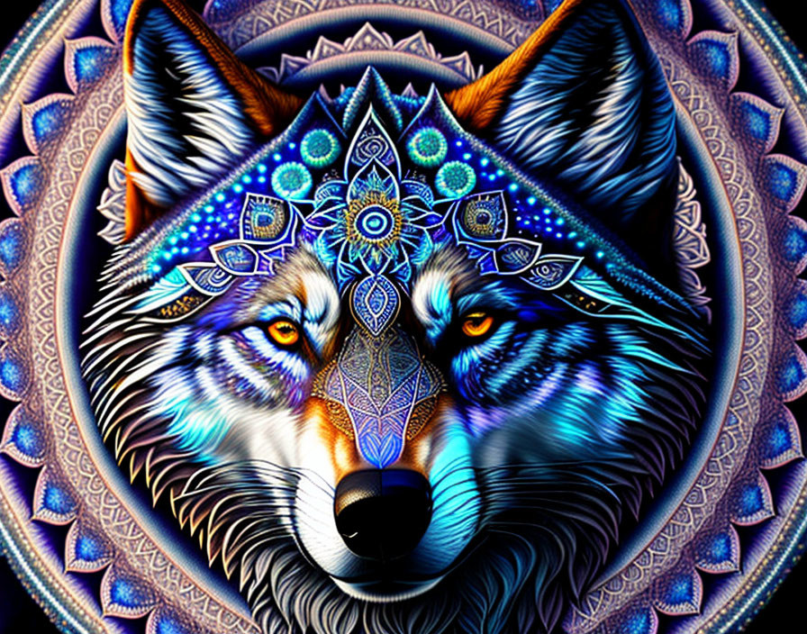 Detailed Wolf Illustration with Blue and White Patterns on Mandala Background