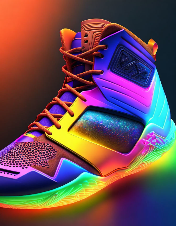 Colorful High-Top Sneaker with Neon Rainbow Colors and Iridescent Textures