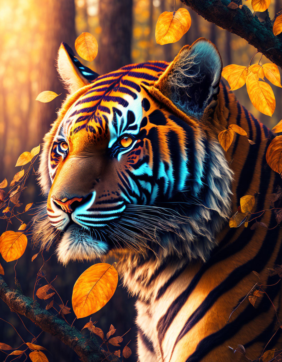 Majestic tiger with vibrant stripes in sunlit forest with golden leaves