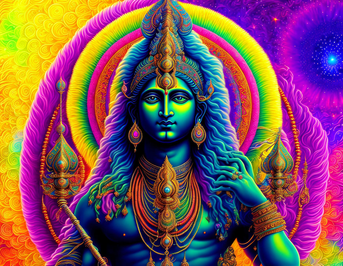 Colorful Psychedelic Art: Blue-Skinned Figure with Multiple Arms