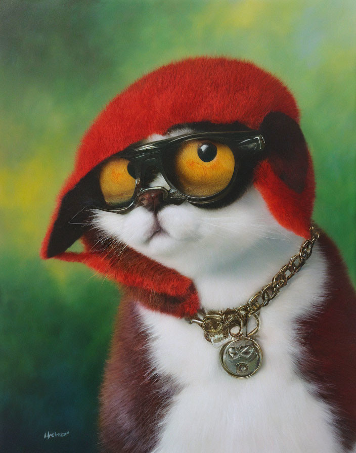 Cat painting with red hood, aviator goggles, and gold chain.