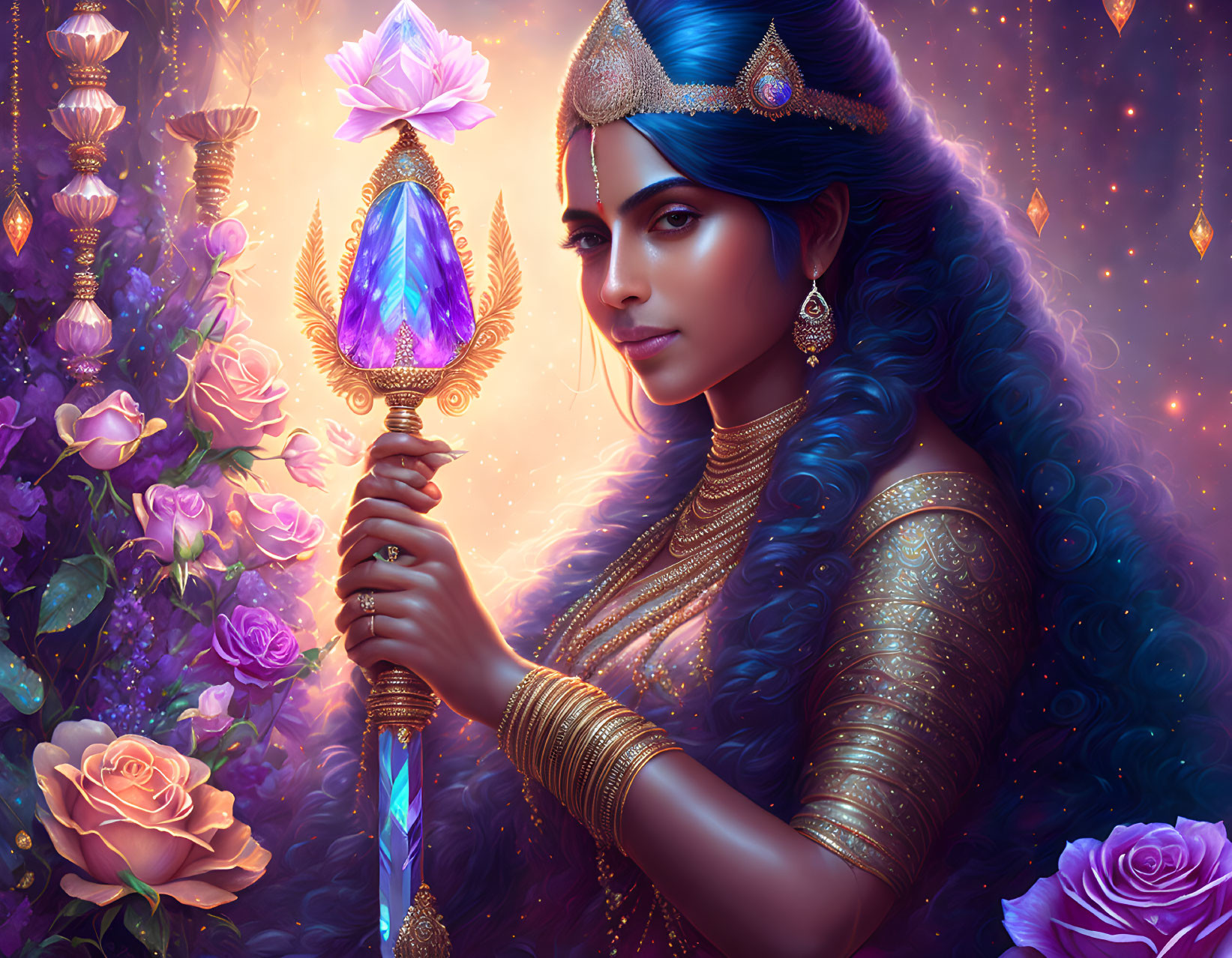 Dark-haired woman adorned with gold and blue jewels holding a glowing scepter amidst purple roses and stars