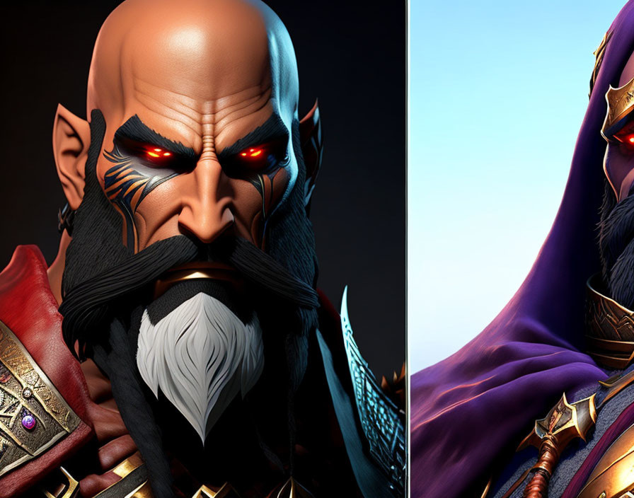 Stylized fantasy characters: bald with white beard and fierce eyes, hooded in purple with mysterious