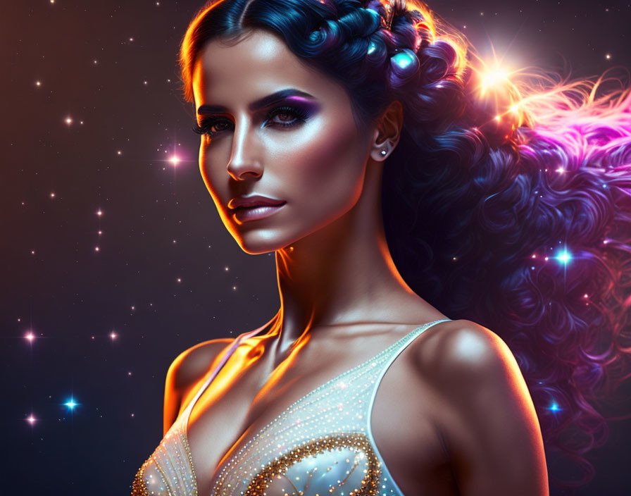 Colorful hair and glowing skin in digital art portrait against neon-lit backdrop