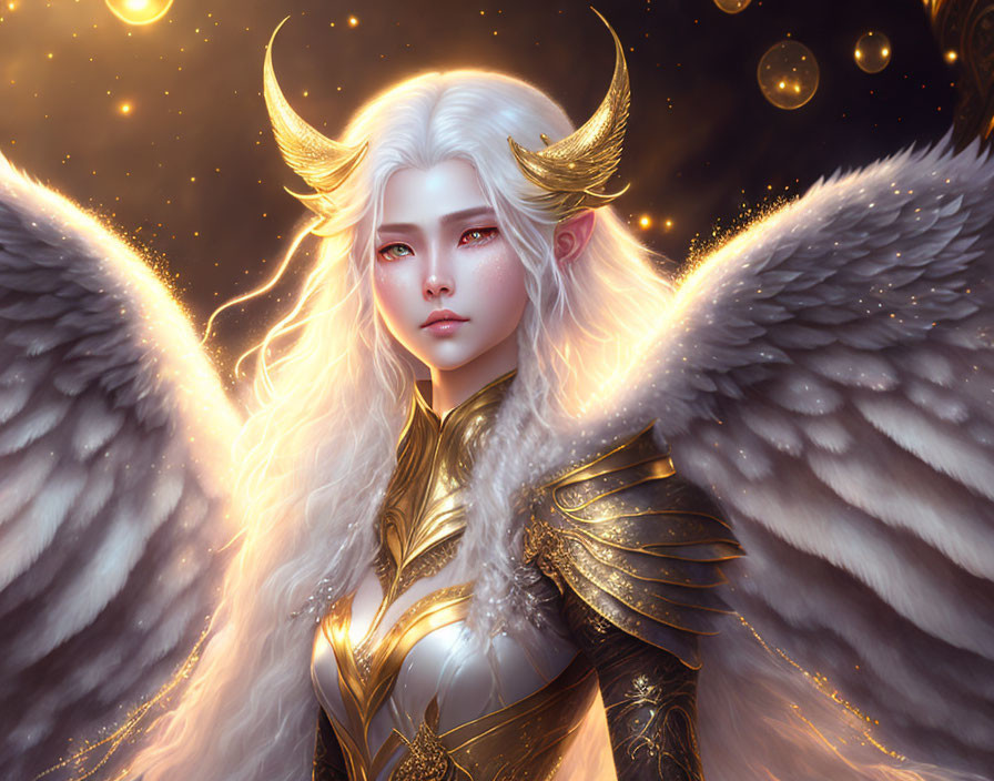 Mythical creature with white hair, horns, and angelic wings in starry setting