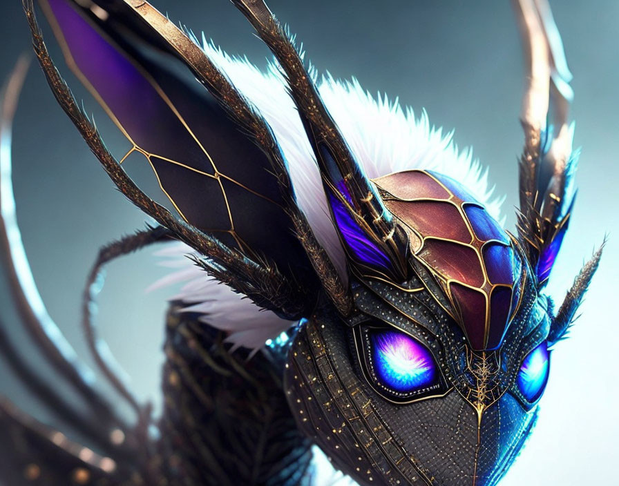Detailed fantastical creature with dragon-like features and vibrant blue eyes