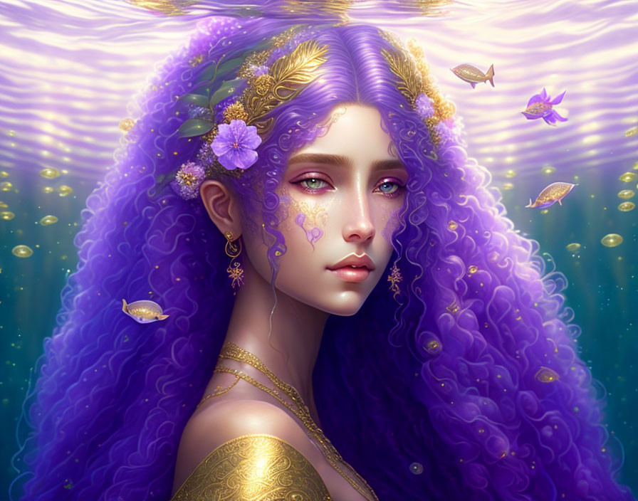 Fantasy illustration: Woman with purple hair, gold accessories, surrounded by golden fish on pinkish-purple