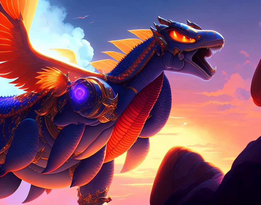 Colorful Blue Dragon Illustration with Glowing Eyes and Armor in Sunset Sky