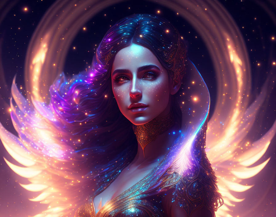 Digital Artwork: Woman with Luminescent Hair, Tattoos, Celestial Wings, and Rings