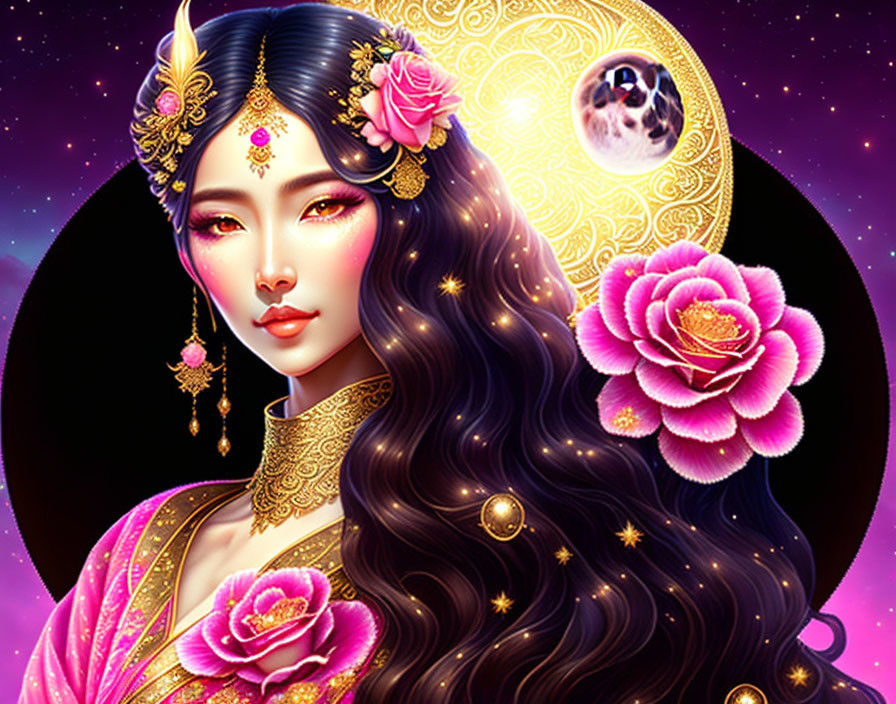 Illustration of woman with wavy hair in traditional attire against cosmic backdrop