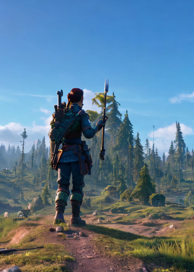 Character with backpack and weapons overlooking forested valley with spear in hand in serene video game landscape