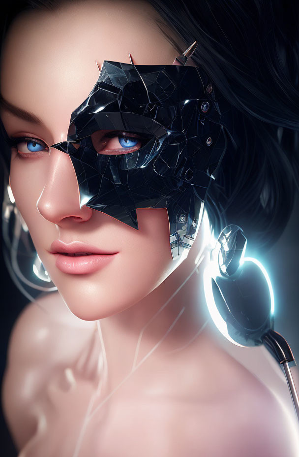 Female figure with futuristic black mask, blue eyes, sleek earrings, and glossy neck piece.