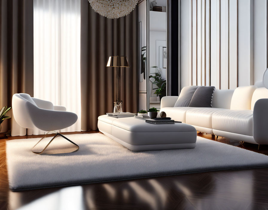 White Furniture, Hardwood Floors, Large Windows, Curtains & Crystal Chandelier